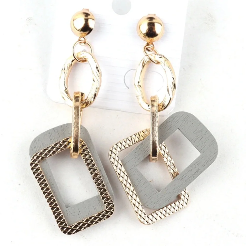 Multi-Shape Colorful Wooden with Gold-Tone Dangle Earrings, Push Back Closure - Picture 2 of 13